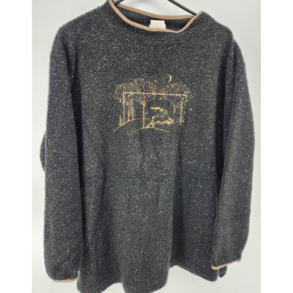 Artisans Sunschein Designs Womens M Black Boucle Embroidered Deer Moon Sweater